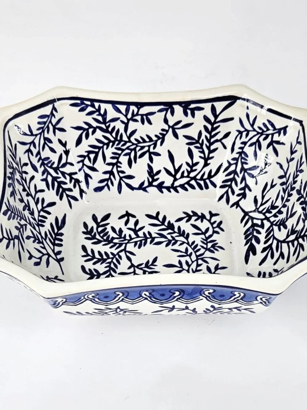 Blue & White Porcelain Chinoiserie-Inspired Foliage & Scroll Rectangular Bowl